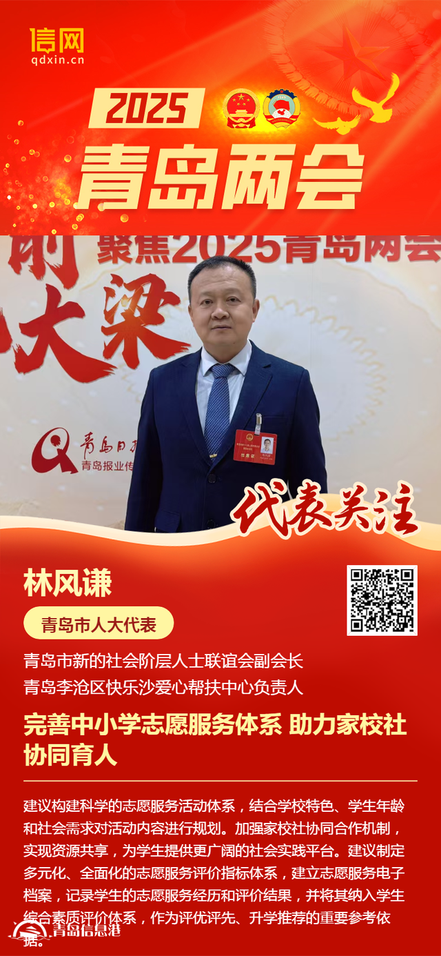青島市人大代表林風謙：完善中小學志愿服務體系 助力家校社協(xié)同育人